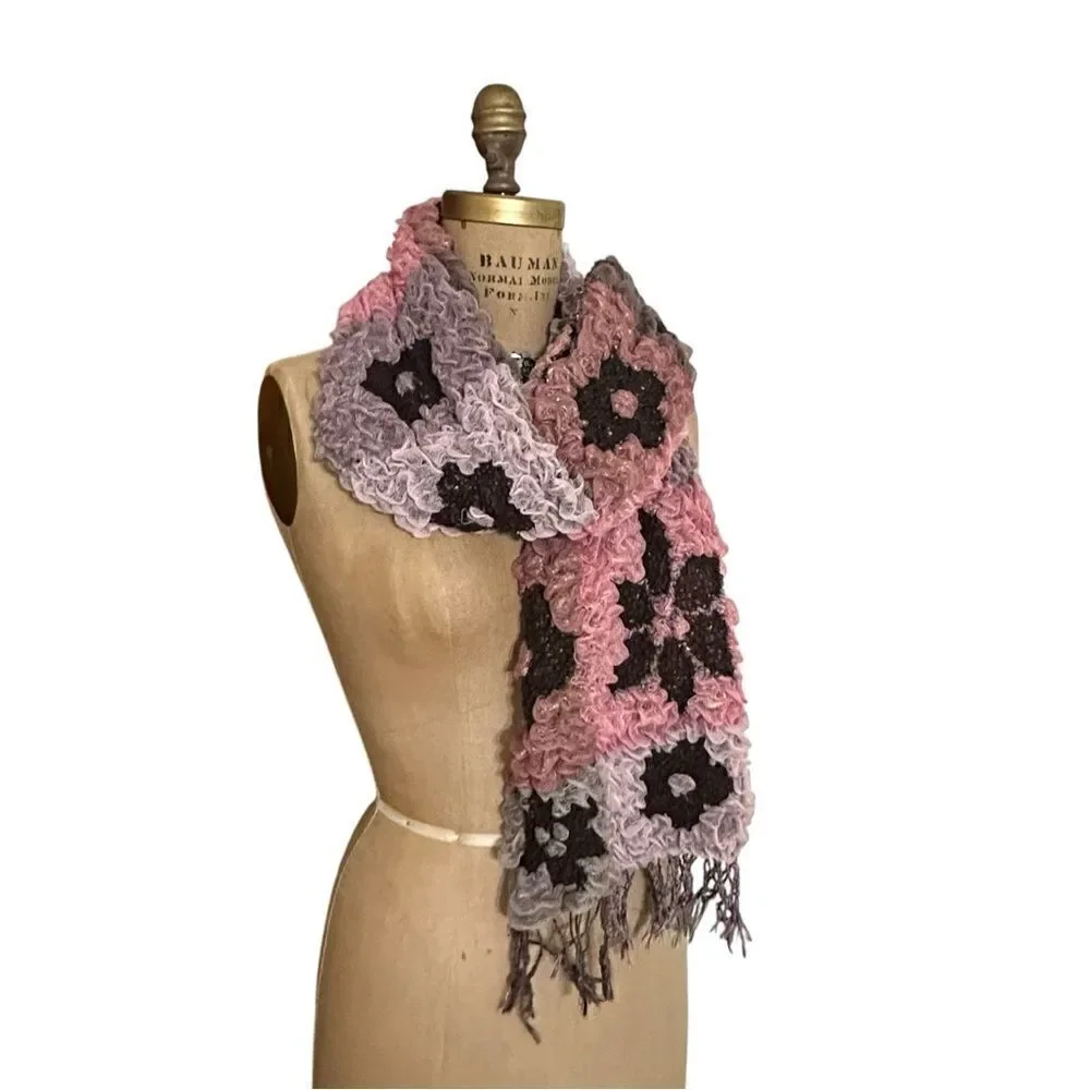 Pink and Brown floral reversible 3D ruffle scarf